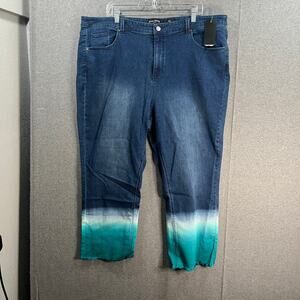 Susan Graver Stretch Denim Jean with Dip Dye Detail Bleached/Teal, Plus 22